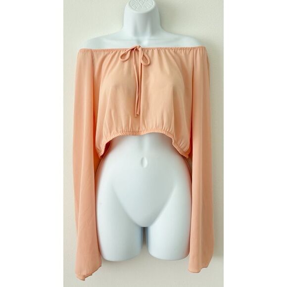 Tobi Peach Off-Shoulder Flowy Sheer Long Sleeve Cropped Top | Size L - Picture 3 of 10